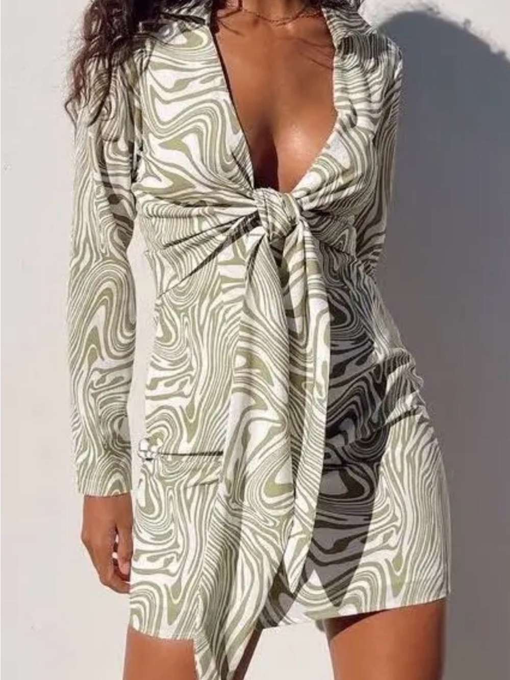 Princess Polly Green & Cream Swirl Tie-Front Mini Dress